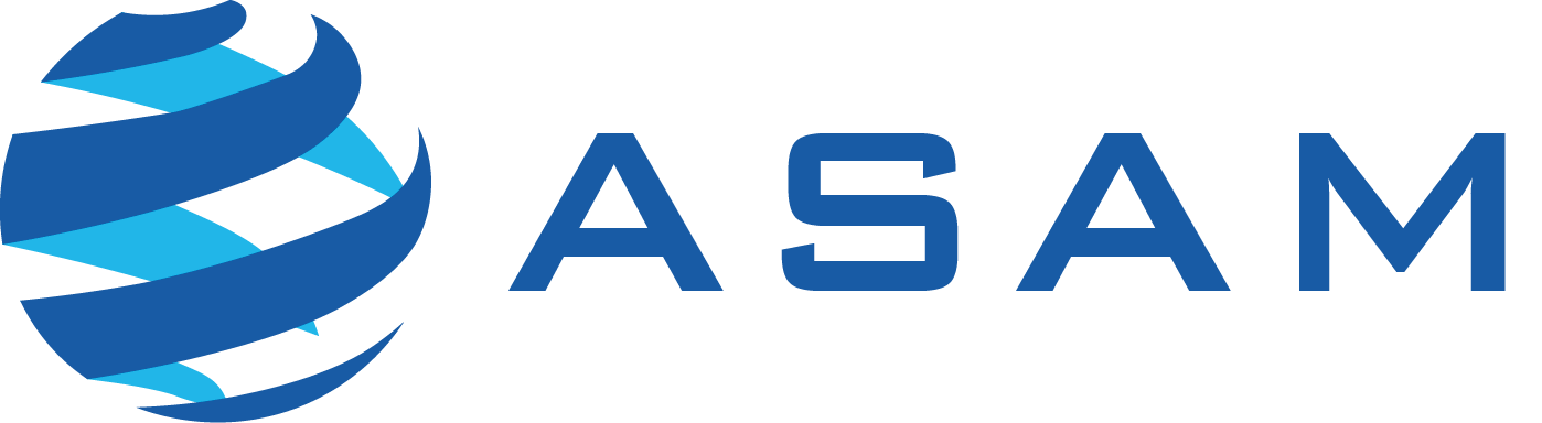 logotipo color azul con un mundo y letras que dicen asam