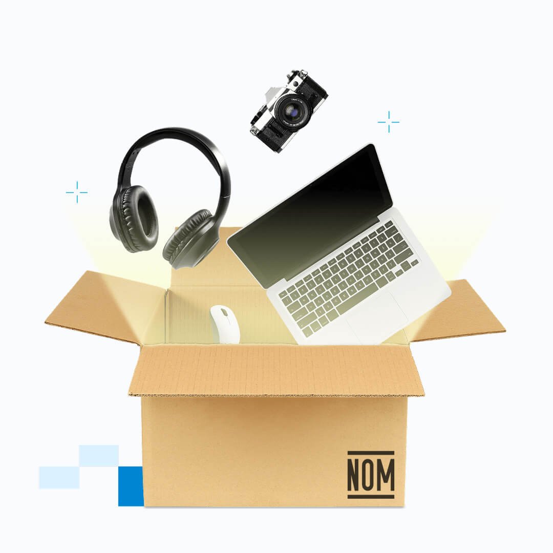 hero-image-fondo-asam caja abierta con un resplandor saliendo del interior y productos electrónicos asomandose de la caja