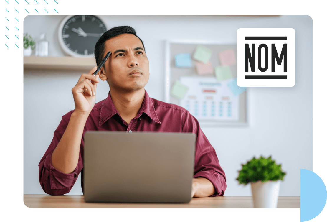 img-emprendedor mex emprenderdor pensando con una mano apuntando a la frente, una laptop y un letrero que dice NOM